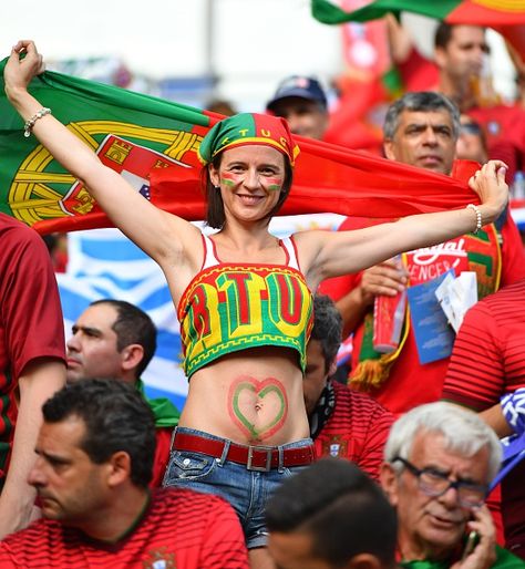 #EURO2016 A fan enjoys the atmosphere prior to the Euro 2016 final match between Portugal and France at Stade de France in Paris France on July 10 2016 Female Football, 2016 Pictures, Belly Shirts, We Are The Champions, Euro 2016, Soccer World, World Football, European Championships, Soccer Fans