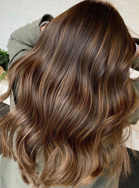 beautiful golden brown hair, layered hair cut with curtain bangs, hair color trends 2022, brunette hair color ideas, golden brown highlights Unique Highlights Brunettes, Golden Brown Hair Honey Balayage, Hazelnut Balayage, Minimal Highlights, Golden Highlights Brown Hair, Hair Colors To Try, Darker Hair, Golden Brown Hair Color, Highlight Ideas