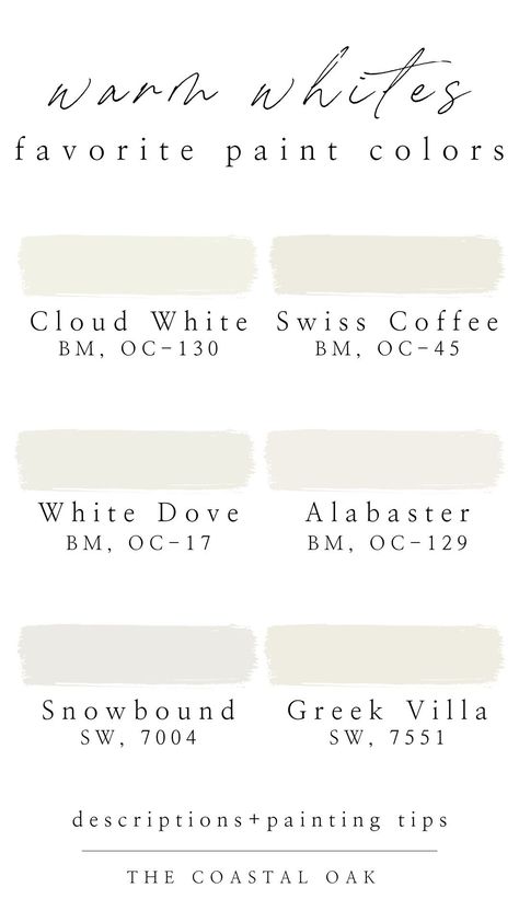 Creamy White Paint, White Dove Benjamin Moore, Benjamin Moore Cloud White, Off White Paint Colors, Coastal Oak, Cream Paint Colors, White Paint Color, Warm Paint Colors, White Oak Kitchen