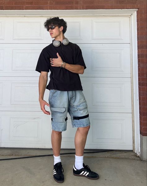 Summer Fits, 2022 Adidas Samba Summer Outfit Men, Samba Summer Outfit Men, Jordan 1 With Shorts Men, Adidas Samba Black Outfit Summer, Adidas Samba Fits Men, Sambas Fit Men, Black Samba Outfit Summer, Black Samba Adidas Outfit Mens, Adidas Samba With Jorts