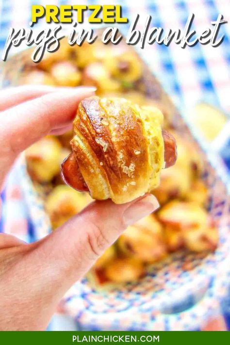 Pretzel Pigs in a Blanket - transform refrigerated crescent rolls into a delicious snack! These are SO easy and SO addictive! You can't eat just one! Lit'l smokies, dijon mustard, and crescent rolls boiled in water and baking soda then baked. Great for parties and tailgating. Everyone LOVES this easy appetizer recipe! #partyfood #crescentrolls #appetizer #littlesmokies #tailgating #gameday Pretzel Pigs In A Blanket, Pig In A Blanket, Plain Chicken, Crescent Roll Dough, Pigs In A Blanket, Football Food, Easy Appetizer Recipes, Party Food Appetizers, Crescent Rolls