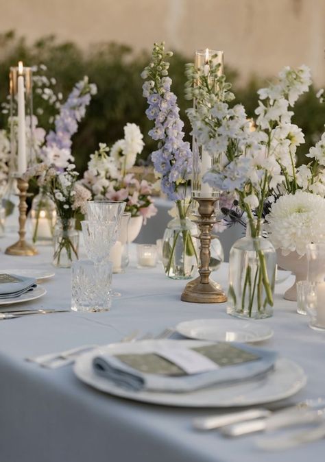 Table Decor Lavender, Wedding Flowers Light Purple, Lilac Light Blue Wedding, Wedding Table Decorations Light Blue, June Wedding Table Settings, Light Wedding Flowers, Light Blue Purple And White Wedding, Blue And White Floral Centerpieces Wedding, Wedding Decorations Light Blue