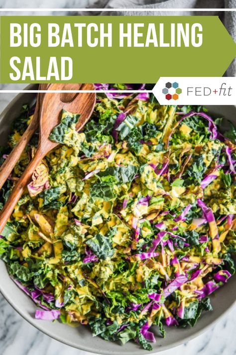 This Big Batch Healing Salad is just what you need to have on hand when you need help getting back on track. With super foods and a delicious, healthy dressing this salad can be made ahead to add to your meal plan! #glutenfree #nightshadefree Big Salad Recipes Healthy, Raw Vegan Salad Recipes, Healing Salad, Raw Salads, Lacinato Kale, Paleo Salad, Fed And Fit, Healthy Dressing, Getting Back On Track