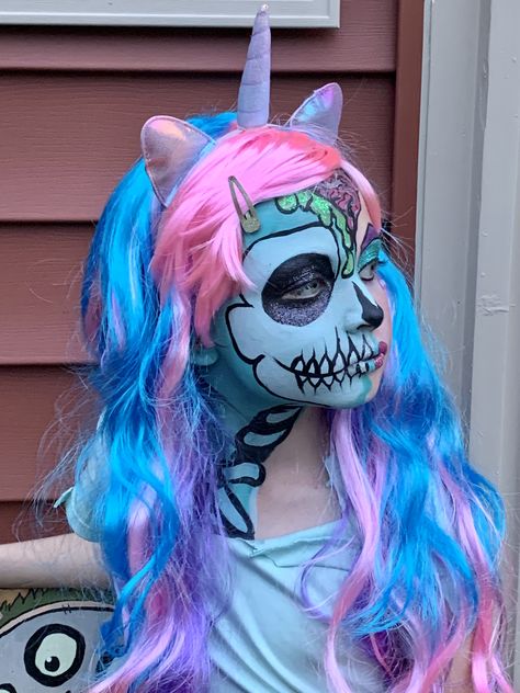 Unicorn Skeleton Makeup, Zombie Unicorn Makeup, Halloween Unicorn Face Paint, Kids Halloween Face Paint, Skeleton Face Painting, Skeleton Makeup Kids, Woodland Costume, Kids Halloween Face, Painting Skeleton