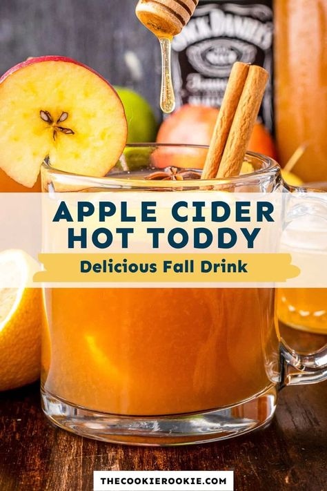 Warm up and get cozy with this apple cider hot toddy. This warm whiskey drink is flavored with honey, lemon and cinnamon and topped off with apple cider, for a delicious adults only drink. Warm Whiskey Drinks, Apple Cider Drinks Alcohol, Cider Alcohol Drinks, Apple Cider Alcohol, Hot Alcoholic Drinks, Apple Cider Whiskey, Apple Cider Hot Toddy, Hot Apple Cider Recipe, Hot Toddy Recipe