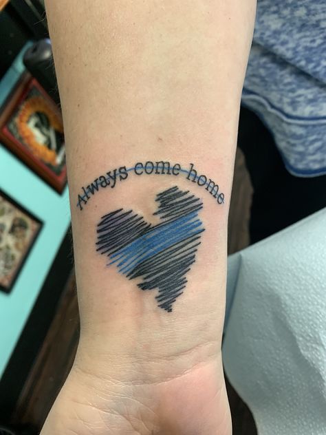 Blue Line Flag Tattoo Women, Cop Wife Tattoo, Cop Tattoo Ideas For Women, Back The Blue Tattoo, Small Police Tattoo Ideas, Tattoo For Wife On Husband, Police Memorial Tattoo, Law Enforcement Tattoos For Women, Police Tattoo Ideas Women