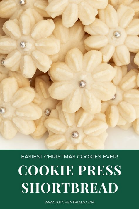 Cookie press shortbread cookies are sweet, buttery, and just melt in your mouth. They're a classic holiday cookie everybody loves, and oh so easy to make! Shortbread Spritz Cookie Recipe, Shortbread Press Cookies, Shortbread Cookie Press Recipe, Shortbread Cookie Recipe For Cookie Press, Cookie Press Shortbread Cookies, Shortbread Linzer Cookies, Cookie Press Butter Cookies, Recipe For Cookie Press Cookies, Best Cookie Press Recipes