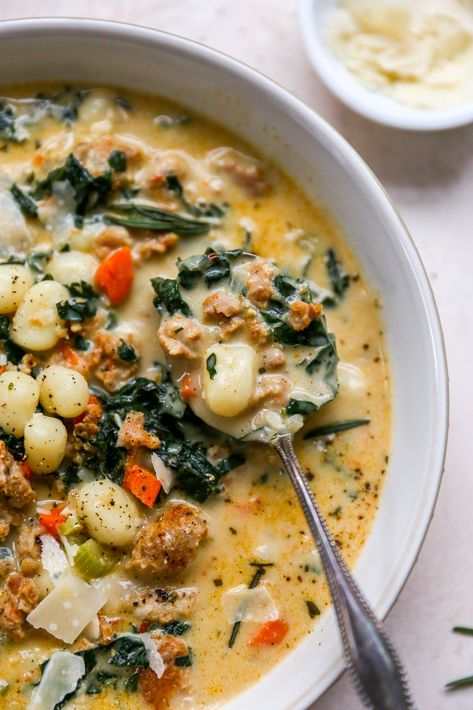 Creamy Italian Sausage Gnocchi Soup - Yes to Yolks Sausage And Nochi Soup, Beef Gnocchi Soup, Gnocchi And Sausage Recipes, Italian Gnocchi Soup, Italian Sausage Gnocchi Soup, Italian Sausage Gnocchi, Sausage Gnocchi Soup, Tomato Gnocchi Soup, Olive Garden Gnocchi Soup