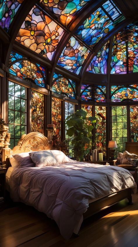 A Bedroom With Beautiful Stained Glass Skylight and Windows Whimsical Home Design, Stained Glass Skylight, Architectural Artwork, Glass Skylight, Magical Room, Creepy Houses, Fantasy Rooms, Glass Room, Sanctuary Bedroom