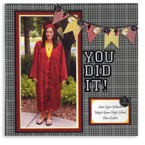 Church Scrapbook Page Layout | graduation banner scrapbook layout Senior Scrapbook Ideas, Senior Year Scrapbook, School Scrapbook Layouts, Graduation Scrapbook, Scrapbook Pictures, Grad Cards, School Scrapbook, Graduation Banner, Family Scrapbook