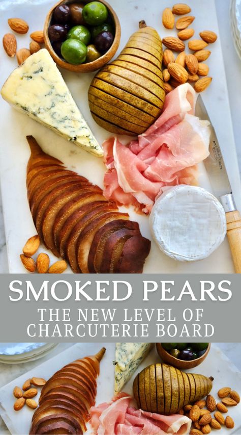 Upgrade your charcuterie board game! Add beautiful smoked pears for a fancy cheese board aesthetic. This is a great fruit & cheese pairing for learning how to make a charcuterie board & wondering what to put on it. This easy recipe uses fresh ripe pears that are smoked to add a savory profile - a perfect healthy addition to your cheese board! A quick trip to trader joe's is all you need to create a gorgeous Christmas charcuterie board this holiday. Visit USAPears.org for wine & cheese pairings! Cheese Board Aesthetic, Fancy Cheese Board, Healthy Christmas Dinner, Quick Easy Side Dishes, Pear Recipe, Make A Charcuterie Board, Yummy Appetizers Parties, Christmas Charcuterie Board, Wine Cheese Pairing