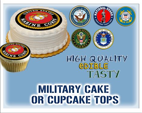 Military edible cake or cupcake toppers Sugar frosting sheet picture paper transfer ideas retirement navy army marines air force coast guard by Pictures4Cakes on Etsy https://www.etsy.com/listing/215794913/military-edible-cake-or-cupcake-toppers Military Send Off Party Ideas, Marine Cake, Navy Cakes, Military Retirement Parties, Marine Corps Birthday, Army Retirement, Military Cake, Military Party, Army Party