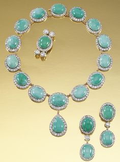 TURQUOISE AND DIAMOND PARURE, LATE 19TH CENTURY.  The necklace designed as a series of clusters, each centring on an oval cabochon turquoise within surrounds of circular-cut diamonds, suspending at the front a similarly designed pear-shaped drop, together with a pair of ear pendants and a brooch en suite Turquoise Parure, Diamond Parure, Cabochon Earrings, Large Gift, Fabulous Jewelry, Fine Jewels, Victorian Jewelry, Van Cleef, Gorgeous Jewelry