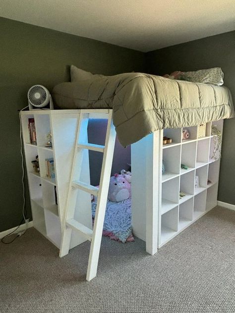 Ikea Queen Loft Bed, Diy Shelf Bed, Room Inspo With Loft Bed, Ikea Shelf Bed, Teen Loft Bedroom Ideas, Small Home Interior Design, Loft Bed Ideas For Small Rooms, Ikea Loft, Loft Beds For Teens