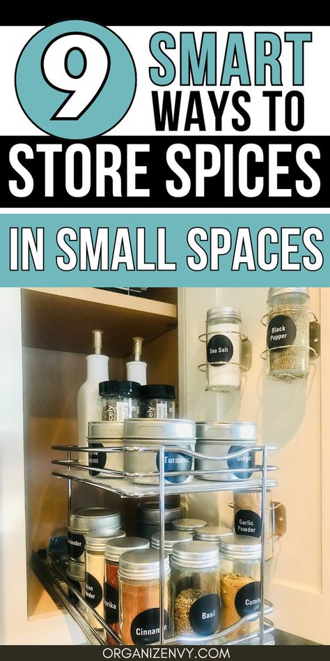 Photo of spices stored on pull-out organizers in a kitchen cabinet Organizing Spices In Cabinet, Organize Spices In Cabinet, Spice Storage Ideas Inside Cabinets, Drawer Spice Organizer, Spice Storage Drawer, Ideas For A Small Kitchen, Spice Storage Ideas, Spice Storage Solutions, Organize Spices