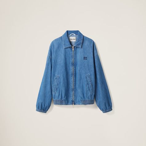 Sapphire Blue Chambray blouson jacket | MIU MIU Miu Miu Ready To Wear, Blouson Jacket, Denim Design, Sapphire Blue, Denim Coat, Jacket Women, Oversized Fits, Chambray, Miu Miu