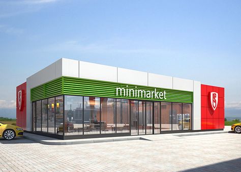 Creation of petrol station visual design. on Behance Supermarket Building, Mini Mart, Cafe Exterior, Home Designs Exterior, Home Exterior Design, Retail Facade, Commercial Design Exterior, Grocery Store Design, Storefront Design