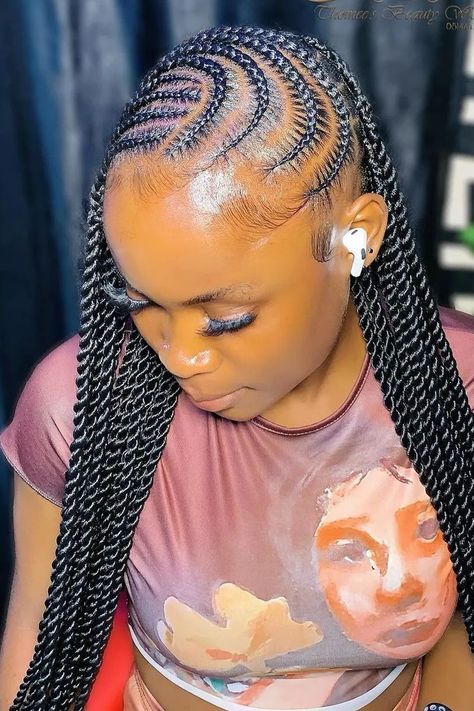 Cornrows Box Braid And Cornrow, Feed In Cornrows With Box Braids, One Side Braided Hairstyles, Natural Protective Hairstyles Braids, Four Cornrow Braids, Side Part Twist, Cornrow Braids Ideas, Black Cornrow Hairstyles, Cornrow Twist