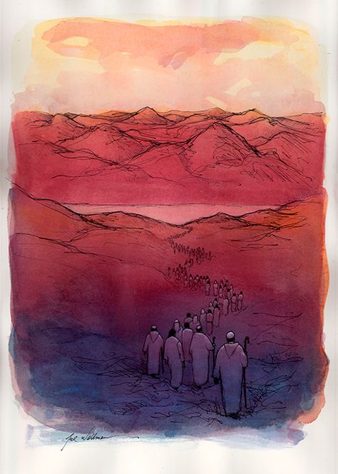 "The Promised Land Cover" original watercolor illustration from The Promised Land: The Birth of the Jewish People by Neil Waldman | R. Michelson Galleries Jewish Drawing, Promise Land, Judaica Art, Promised Land, Tangle Doodle, Jewish Art, Bible Stories, Land Art, Doodle Drawings