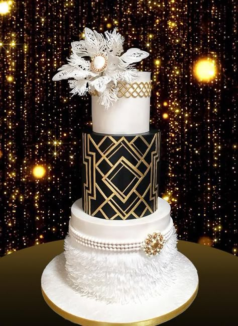 The Great Gatsby bachelorette themed party. Love this cake! But will think twice if I have to do a clean geometry on a whole tier :D https://web.facebook.com/DeliceVarna/ Gatsby Wedding Cake, Great Gatsby Cake, Gatsby Cake, Gatsby Birthday Party, Roaring 20s Wedding, Great Gatsby Themed Wedding, Gatsby Party Decorations, Great Gatsby Themed Party, 20s Wedding