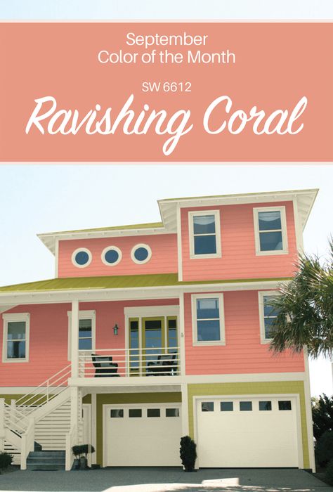 Sherwin-Williams' September Color of the Month: Ravishing Coral SW 6612 Ravishing Coral Sherwin Williams, Sherwin Williams Front Door, Sherwin Williams Exterior Paint, Exterior Paint Ideas, Coral Paint Colors, Lotus Decor, Big Beautiful Houses, Coral Paint, House Paints