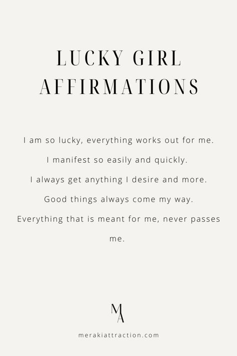 How To Get The Lucky Girl Syndrome Plus Lucky Girl Syndrome Affirmations - Meraki Attraction Dream Girl Quotes, Best Self Journal, Girl Affirmations, Lucky Girl Syndrome, Make Your Dreams A Reality, Spirituality Affirmations, Affirmation Board, Vision Board Manifestation, Affirmations For Happiness