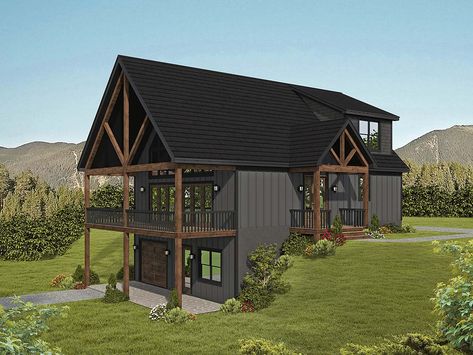 Plan 81718 | Order Code: GOEXP | FamilyHomePlans.com | 800-482-0464 Hillside Cabin Plans, River Cabin Plans, Lakehouse Plans Walkout Basement, Chalet Home Plans, Country Lake House Decor, 3 Story Cabin, 5 Bedroom Cabin Floor Plans, Mountain Home Front Porch, 3 Bedroom Lake House Plans