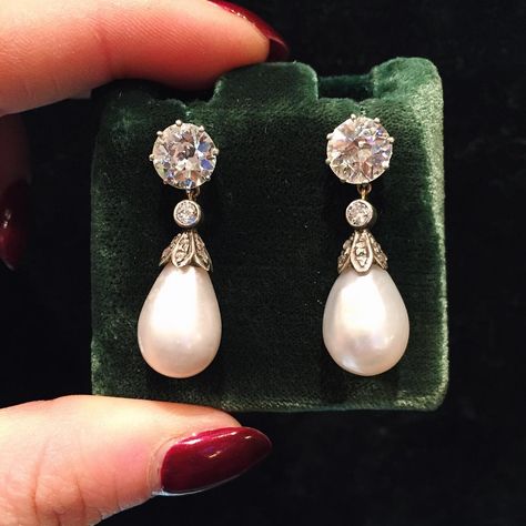 Pair of antique drop pearl and diamond pendant earrings, c.1900 Bijoux Art Nouveau, Pearl And Diamond Earrings, Pearl Stud Earrings, Gorgeous Jewelry, Pearl Drop Earrings, Pendant Earrings, Wedding Earrings, Bridal Earrings, Quality Jewelry