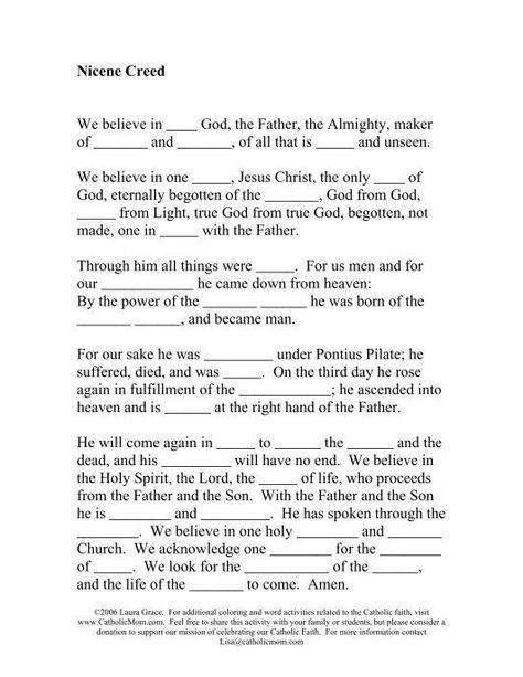 Nicene Creed Worksheet - Catholic Mom Nicene Creed Catholic, Catholic Kids Activities, Religion Activities, Nicene Creed, Catholic Sacraments, Catholic Confirmation, Catholic Beliefs, Apostles Creed, Catholic Education