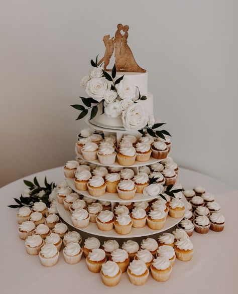 September Wedding Cupcakes, Cupcake Station Wedding, Wedding Cake Stand With Cupcakes, Top Tier Wedding Cake With Cupcakes, Elegant Wedding Cake With Cupcakes, Wedding Cupcakes Stand, Cake Table Wedding With Cupcakes, Cupcake Wedding Cake Elegant, Cupcake Arrangements Wedding