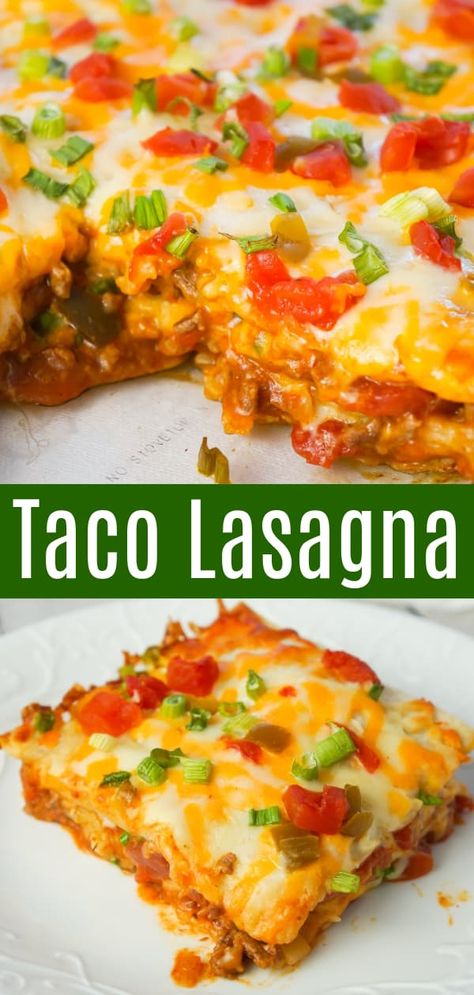 Taco Lasagna is an easy casserole recipe with layers of soft tortillas, shredded cheese, ground beef and salsa. Lasagna Taco, Taco Lasagne, Lasagna Recipe Without Ricotta, Food Lasagna, Taco Lasagna Recipe, Lasagna Recipe Easy, Recipe With Ricotta, Lasagna Recipe With Ricotta, Soft Foods Diet