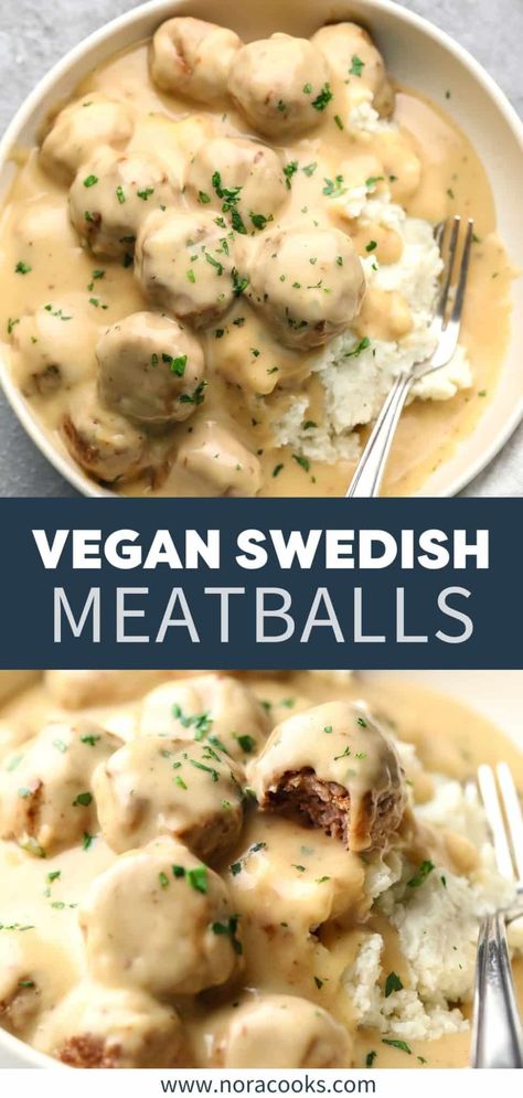 These dreamy Vegan Swedish Meatballs are so comforting and always crowd-pleasing! Homemade vegan meatballs are simmered in an easy, creamy gravy and served over mashed potatoes or pasta. Vegetarian Swedish Meatballs Gravy, Vegan Gluten Free Comfort Food, Cozy Recipes Vegetarian, Things To Eat With Mashed Potatoes, Vegan Swedish Meatball Sauce, Vegan Recipes Casserole, Family Vegetarian Dinners, Vegan Meatballs Beyond Meat, Vegan Easy Dinner Recipes