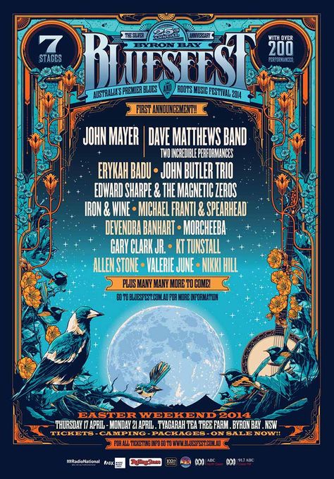 Headliners announced for the 2014 Byron Bay Blues & Roots Festival. #JohnMayer #DaveMatthewsBand John Butler Trio, Fest Poster, Blue Roots, Music Festival Poster, Blues Festival, Event Poster Design, Rock Festivals, Music Fest, Blue Poster