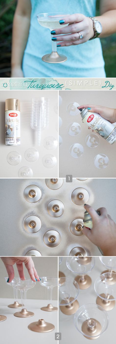 Easily jazz up boring plastic champagne cups with a coat of spray paint! #simpleDIY #somethingturquoise Champagne Cups, Bachelorette Diy, Diy Wine Glasses, Diy Bachelorette Party, Champagne Party, Diy Wine, Champagne Glasses, Wedding Planners, Hen Party