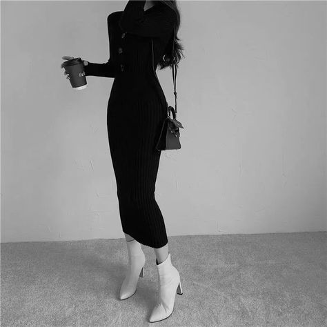 Korean Elegant Dress, Vintage Knitted Sweater, Slim Bodycon Dress, Body Con Dress Outfit, Bodycon Sweater, Ribbed Sweater Dress, Long Bodycon Dress, Long Sleeve Dresses, Women Long Sleeve Dress