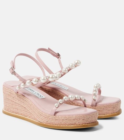 Amatuus embellished espadrille wedges in pink - Jimmy Choo | Mytheresa Pink Loafers, Pink Espadrilles, Pink Ballet Flats, Pink Wedges, Pearl Sandals, Pink Boots, Ankle Strap Wedges, Black Espadrilles, Pink Sandals