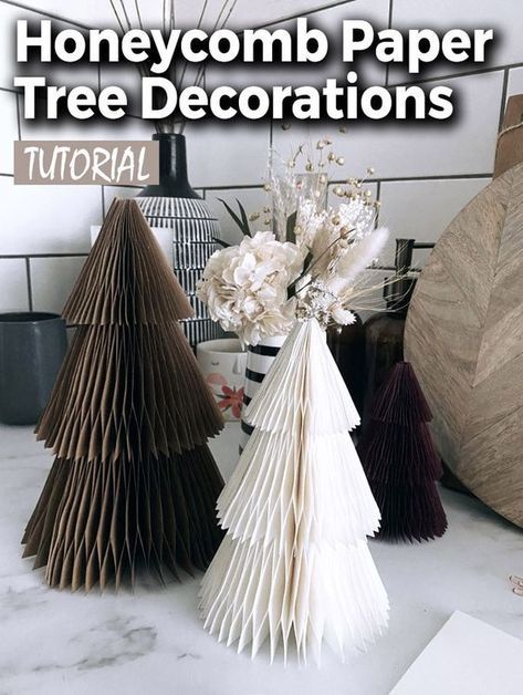 Diy Paper Tree Decorations, Diy Paper Honeycomb Christmas Tree, How To Make Paper Trees Diy Crafts, Honeycomb Paper Christmas Tree, Big Paper Christmas Tree, Honeycomb Tree Diy, Diy Paper Christmas Tree Decorations, Honeycomb Paper Diy, Accordion Paper Christmas Tree