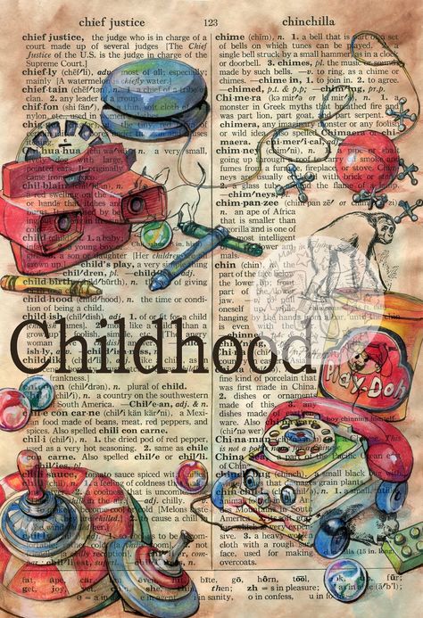 flying shoes art studio: CHILDHOOD Kunstjournal Inspiration, Mixed Media Drawing, Media Drawing, Arte Peculiar, Newspaper Art, Book Page Art, Dictionary Art, Gcse Art, Vintage Diy