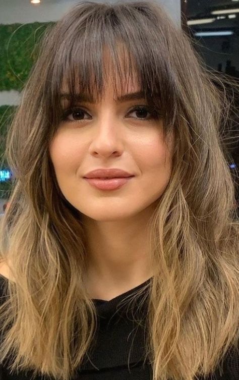 Ombre With Bangs Mid Length, Bangs With Ombre Hair, Ghost Bangs Hair, Long Haircut With Bangs And Layers Round Face, Medium Length Haircut With Bangs For Fine Hair, Balage With Bangs, Ombré With Bangs, Ombré Hair With Bangs, Medium Length Haircuts With Layers Straight Hair Long Bangs