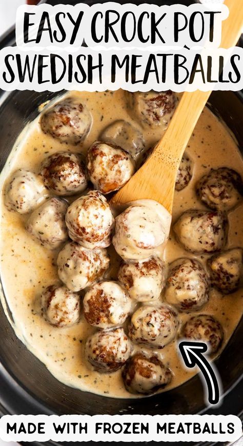 This recipe for Swedish Meatballs is SO easy to make in the slow cooker! The meatballs come out juicy and there is so much creamy sauce, perfect for mopping up with mashed potatoes or buttered noodles. Instructions for frozen meatballs for extremely quick prep, plus instructions for homemade meatballs if you want to cook from scratch. | #swedishmeatballs #meatballrecipe #groundbeefrecipe #crockpotmeals #crockpotrecipe #slowcookerrecipe #crockpotdinner #slowcookerdinner #easydinner Slow Cooker Sweedish Meatballs, Easy Sweedish Meatballs, Sweetish Meatballs Recipe, Slow Cooker Frozen Meatballs, Best Swedish Meatballs, Slow Cooker Swedish Meatballs, Swedish Meatballs Crockpot, Meatball Recipes Crockpot, Meatballs And Gravy