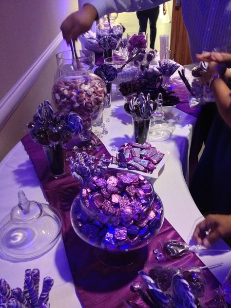 Euphoria Party Table Decor, Purple Sweets Table, Purple Theme Candy Table, Purple Candy Table, Purple Candy Bar, Purple Candy Buffet, Pink And Purple Candy Buffet, Candy Buffet Birthday, Wedding Candy Table