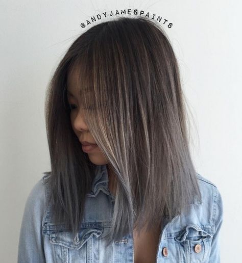 Asian lob hairstyle Asian Balayage, Hair Color Asian, Brunette Ombre, Blonde Balayage Highlights, Girl Vibe, Different Hair Types, Lob Hairstyle, Grey Ombre, Grey Hair Color