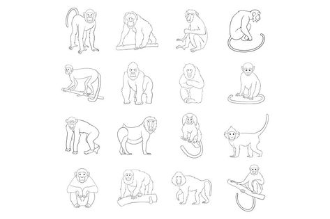 Monkey Outline, Monkey Icon, Monkey Tattoo, Monkey Tattoos, Tattoo Minimalist, Monkeys, Tattoo Drawings, Icon Set, White Background