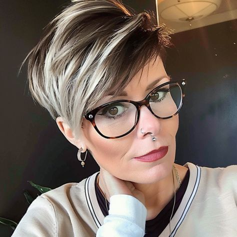 Voluminous Pixie with Subtle Layers Pixie Hairstyles Highlights, Low Lights Pixie Haircut, Pixie Hairstyles With Highlights, Dark Ash Blonde Pixie Haircut, Short Fashion Color Hair, Fall Hair Colors Pixie Cut, Pixie Haircut Glasses, Hair Color Ideas For Pixie Haircut, Short Brown Hair With Highlights Pixie