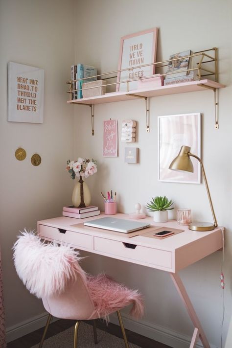 Girly desk setup with pink decor and functional shelving for a small space. Small Desk Setup, Girly Desk, Neat Desk, Business Desk, Space Saving Desk, Feminine Home Offices, Pink Desk, Functional Desk, Study Organization