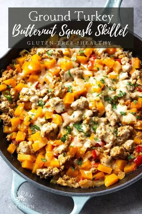 Ground Turkey Butternut Squash, Butternut Squash Skillet, Turkey Butternut Squash, Butternut Squash Dinner, Healthy Skillet Meals, Skillet Recipes, Butternut Squash Recipes, Dinner Recipes For Family, Ground Turkey Recipes