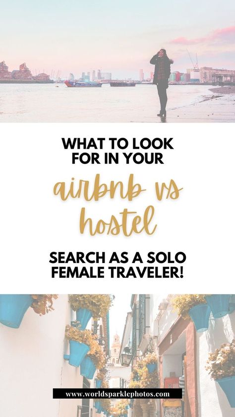 Let’s talk accommodations! For your next solo trip, book the Airbnb or hostel room that is right for you. Find out what things you should expect from spending your nights there or read more and get informed on what you should be looking for before making your decision! Airbnb vs Hostels | Safe Travel Tips for Women | How to Travel Solo | Wander | World Sparkle Photos Cheap Travel Usa, Air Travel Tips, Solo Travel Quotes, Solo Travel Destinations, Solo Travel Tips, Budget Travel Destinations, Tips For Women, Solo Female Travel, Safe Travel