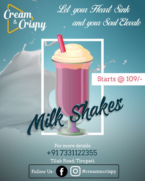 It's good to have the sun on the horizon particularly in this season having a drink in hand with Cream & Crispy let's enjoy and have some Fun For more details: +91 7331122355 #creamncrispy #milkshakes #thickshakes #icecream #smoothies #shakes #mocktails #falooda #tirupati #beverages #drinks Food Posters, Heart Sink, Milkshakes, I Spy, On The Horizon, Food Poster, Foods To Eat, A Drink, The Horizon