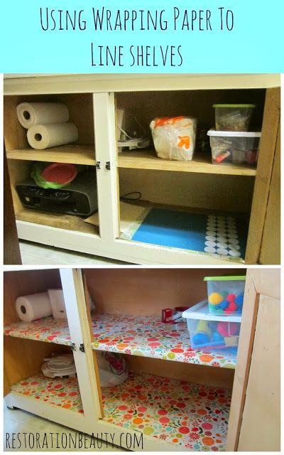 Using Wrapping Paper To Line Shelves! No more waiting to find the perfect shelf liner! Wrapping Paper Shelf Liner, Cabinet Shelf Liner Ideas, Shelf Liner Ideas, Cabinet Shelf Liner, Cabinet Liners, Clear Wrapping Paper, Kitchen Shelf Liner, Kitchen Cabinet Shelf, Kitchen Drawer Liners