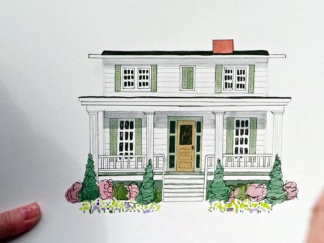 Home Town: A Forever Home and a Fine Southern Porch | Home Town | HGTV House With Porch Drawing, Cute House Drawing, Hgtv Paint Colors, Southern Porch, Elegant Cottage, Home Town Hgtv, Watercolor Houses, Ben Napier, House Drawings